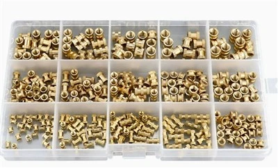 Caixa de sortimento de 330 peças: Porcas de inserção de latão serrilhadas para moldagem por injeção (M2 – M5)